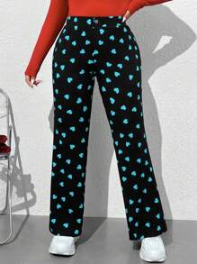 SHEIN EZwear 大尺碼女性情人節心形印花喇叭褲 - 藍色 - 查看 3