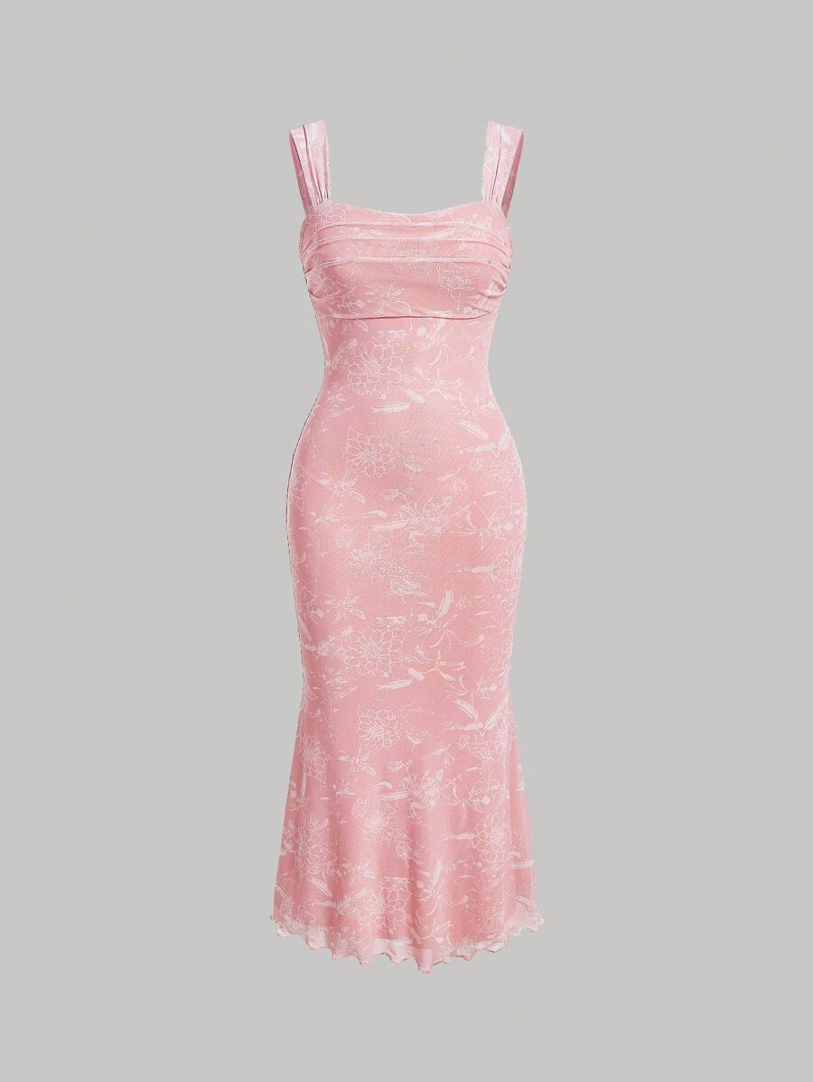 SHEIN MOD 聚集胸部設計,魚尾綁帶連衣裙,花卉網褶覆蓋背心連衣裙 - 粉色 - 查看 1