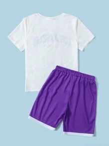 SHEIN 少年男孩休閒舒適白色短袖圓領上衣+拼色褲子2件裝 - 紫色 - 查看 2