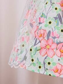 Baby Girl Vintage Style Lace Panel Floral Print Colorblock Ruffle Hem Dress - Pink - View 5