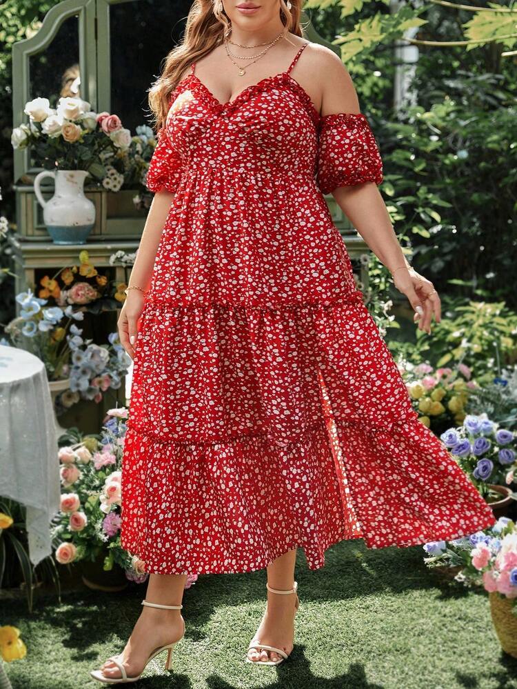 Plus Size Floral Puff Sleeve Spaghetti Strap Dress, Valentine's Day