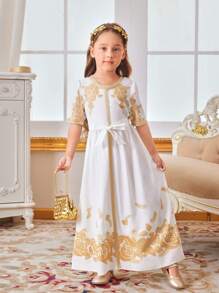 Ramadan Girls Middle East Style Modest Golden Ribbons Banquet Dress - Gold - View 5