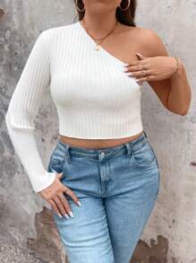 SHEIN Unity Plus Size Solid Color Oblique-Shoulder Ribbed Sweater With Twisted Detail - White - View 6