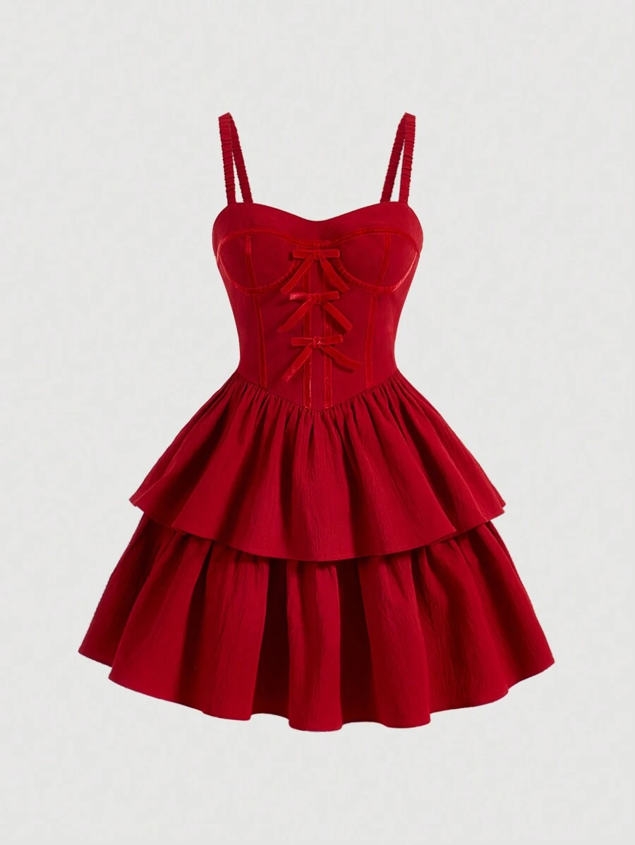 SHEIN MOD Của phụ nữ Bowknot Nhiều lớp Xếp nếp Dây đeo Mì Ý  Đầm - Nhiều màu - Xem 1