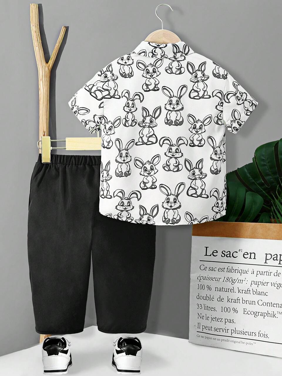 Young Boys' 2pcs/Set White Summer Rabbit Pattern Button Up Shirt With Lapel And Black Capri Lantern Pants,Relax-Fit Casual Sports School Streetwear