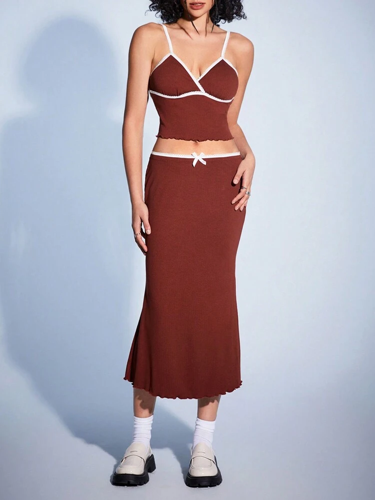 Women's Contrast Trimmed Halterneck Fish Tail Midi Dress Set