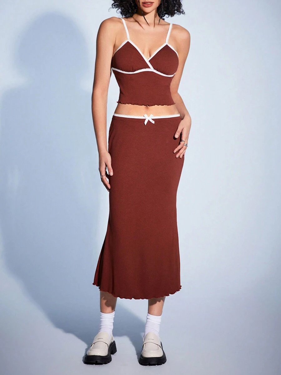 Forever 21 Women's Contrast Trimmed Halterneck Fish Tail Midi Dress Set - Brown - View 1