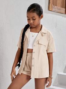 SHEIN NovaGlow Tween Girl Tween Girl 翻领细节落肩袖衬衫 + 针织背心上衣 + 松紧腰短裤套装，适合度假 - 杏色 - 查看 3