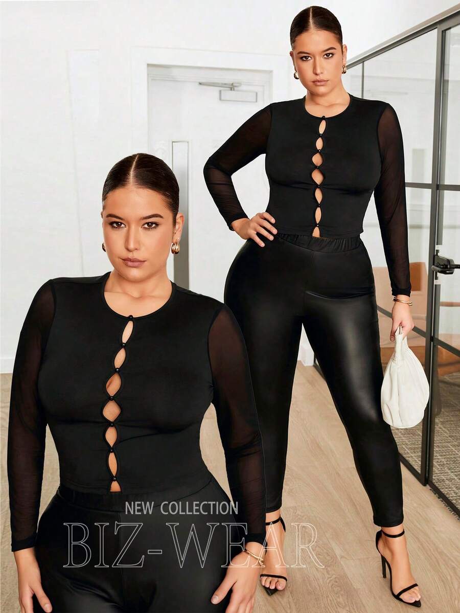 BizChic Plus Size Women'S Hollow-Out Long Sleeve Mesh Top With Patchwork Detail - Black - View 1