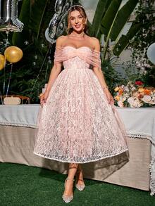 Glamaker Women's Off Shoulder Lace Cocktail Party Formal Dress - Pink - View 4