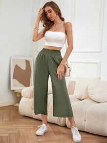 SHEIN LUNE Loose Fit Casual Elastic Waist Capri Pants - Mint Green - View 4