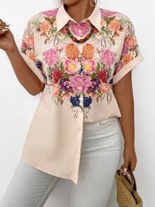 SHEIN LUNE Kích thước lớn In hoa Áo sơ mi - Màu be - Xem 1