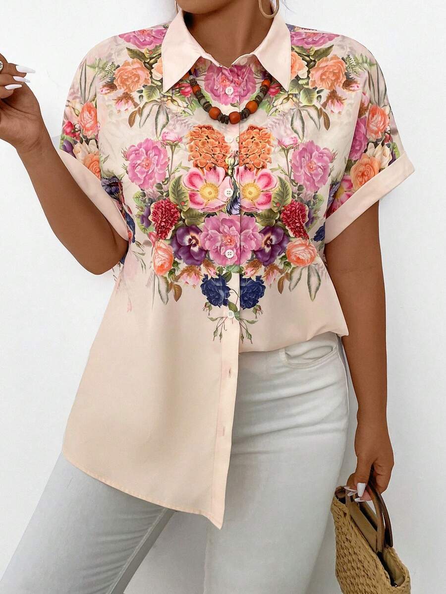 SHEIN LUNE Kích thước lớn In hoa Áo sơ mi - Màu be - Xem 1