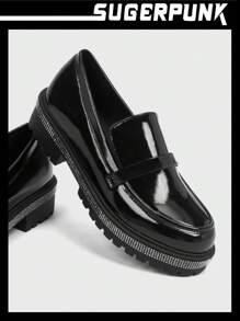 Sugerpunk Women's Black Round Toe Chunky Heel Work Shoes With Rhinestone Detail, Casual Unisex Loafers - Black - View 8
