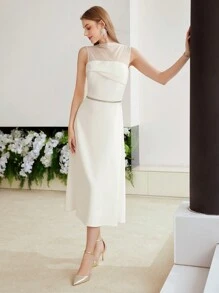 MOTF PREMIUM SOLID CONTRAST MESH FOLD PLEATED DRESS