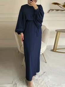 1 件女式纯色圆领灯笼袖端庄长袖连衣裙 - 藏蓝色 - 查看 1