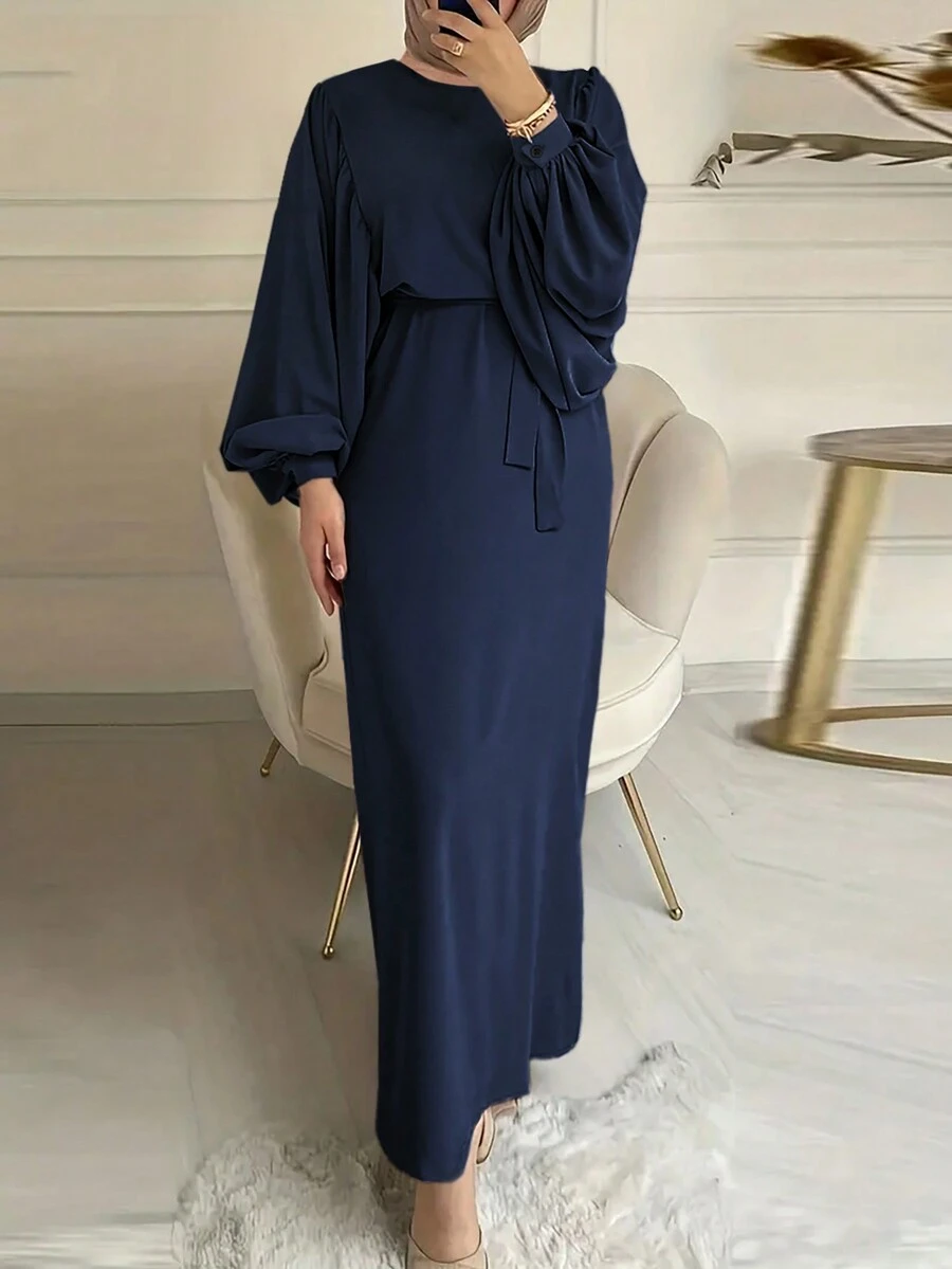 1 件女式纯色圆领灯笼袖端庄长袖连衣裙 - 藏蓝色 - 查看 1