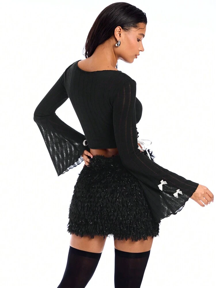 Women's Retro Bowknot Cut Out Distressed Bell Sleeve T-Shirt