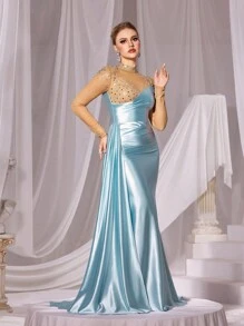 Faeriesty Rhinestone Detail Mock Neck Contrast Mesh Satin Formal Dress - Blue - View 7