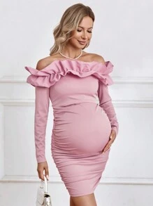 SHEIN 孕婦露肩荷葉邊修身連衣裙 - 粉色 - 查看 5