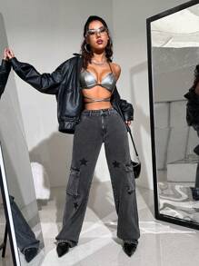 SHEIN ICON Women's Casual Low Waist Star Printed Utility Straight Leg Jeans - Black - View 4