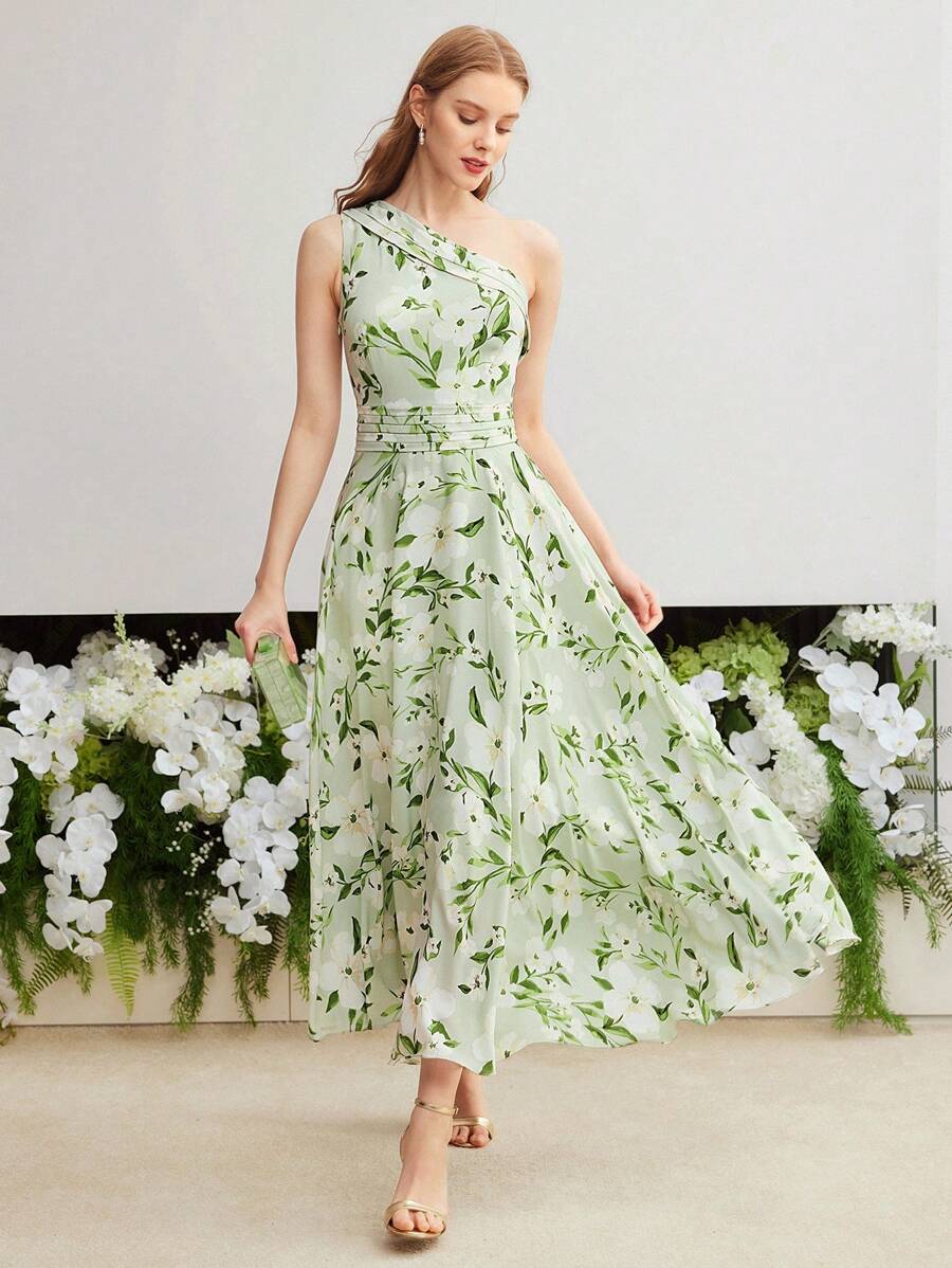 green floral one shoulder dress Green One Shoulder Beaded Metallic Floral Gown main image 1
