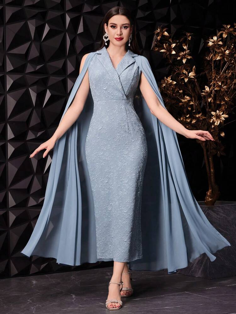 Women Floral Jacquard Textured Fabric Dress And Cold-Shoulder Cloak Sleeve Coat Two-Piece Set, Evening Gown With Cape,Elegant Evening Party Dress 2 Piece Set