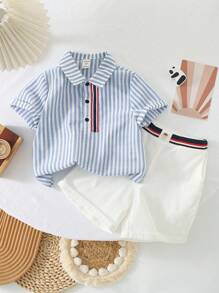 SHEIN 2pcs/Set Young Boys' Casual And Sporty Colorful Striped Trim Short Sleeve Shirt With Lapel And White Shorts With Striped Trim For Daily Wear, School, Sports, Spring And Summer Seasons - Multicolor - View 1