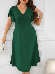 SHEIN Clasi Vestido Con Cuello En V Cruzado De Talla Grande Con Manga Con Volantes - Verde - Ver 3