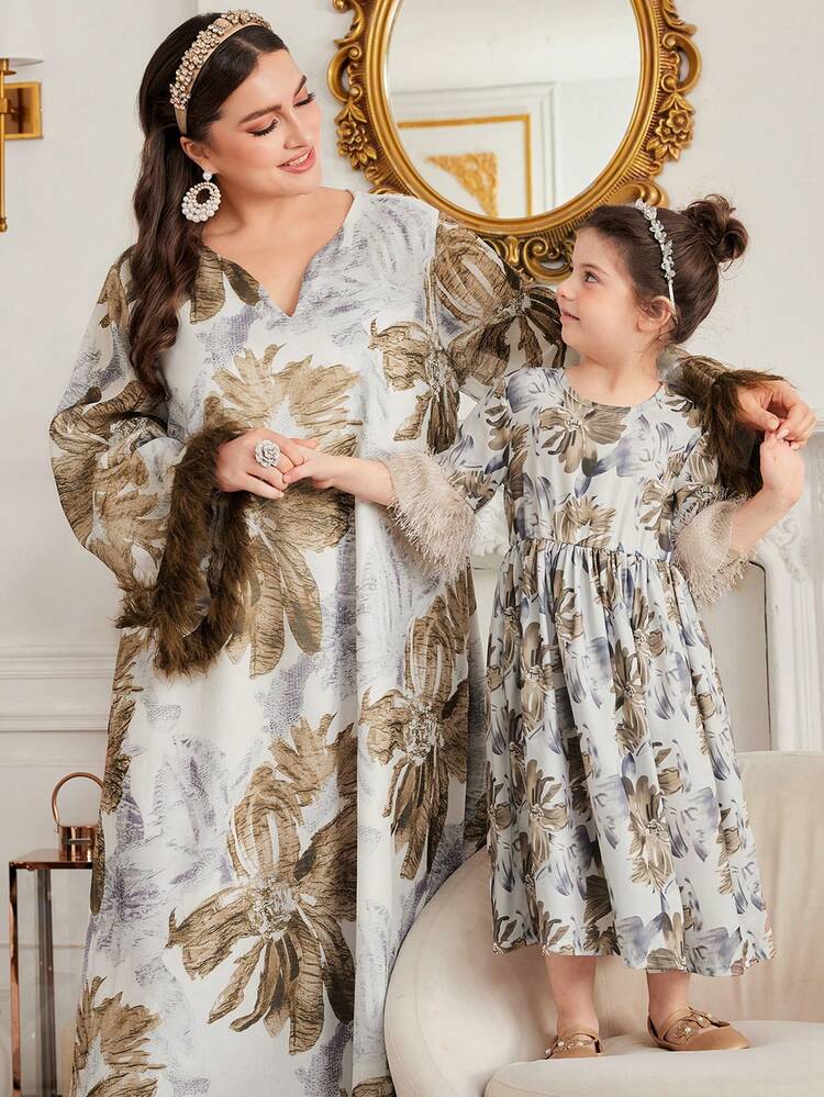 Plus Size Arabic Clothing Printed V-Neckline Dress With Notched Collar And Long Sleeves Kaftan Jalabiya Dress