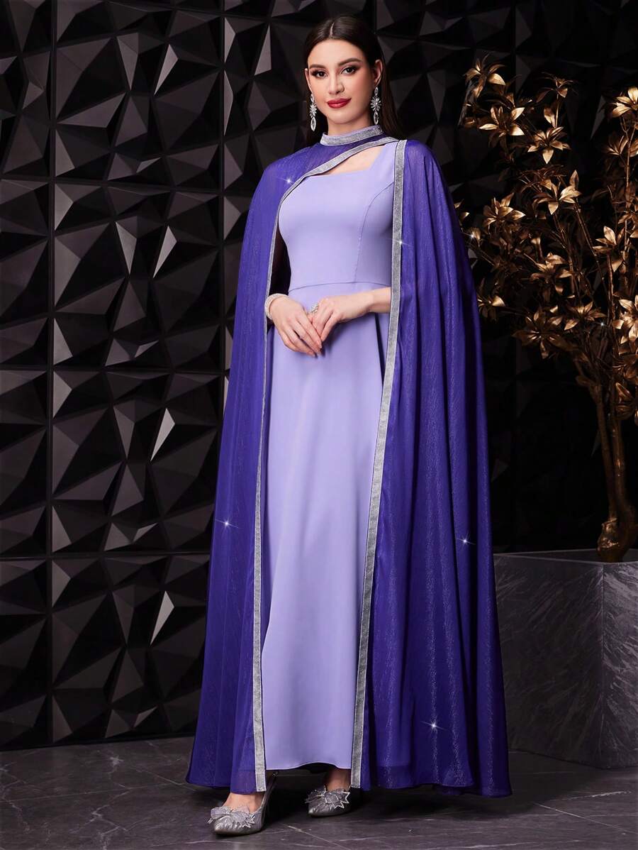 Modelyn 女士时尚休闲连衣裙,配闪光胶带装饰斗篷长款晚礼服 - 紫色 - 查看 1