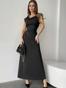Firerie Solid Color A-Line Waist Cinched Long Dress Elegant Dress - Black - View 5