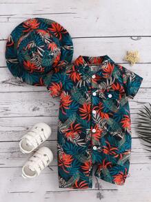 Baby Boy's Fashionable Tropical Plants & Flowers Print Shirt Romper With Matching Hat, Perfect For Spring/Summer Vacation - Multicolor - View 1