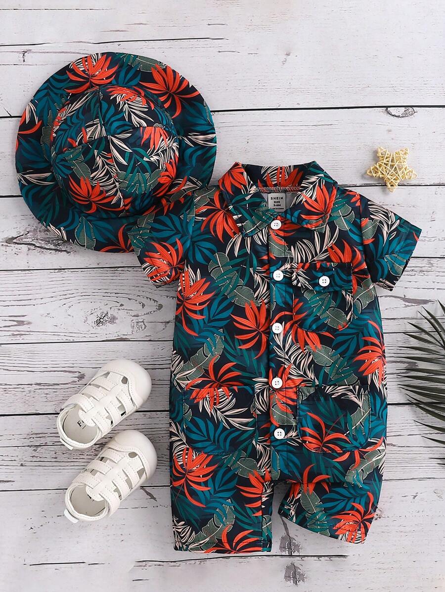Baby Boy's Fashionable Tropical Plants & Flowers Print Shirt Romper With Matching Hat, Perfect For Spring/Summer Vacation - Multicolor - View 1