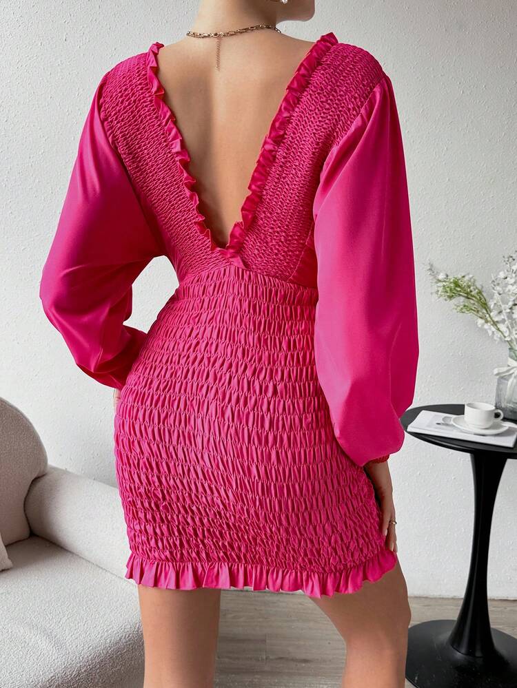 Women's Double Deep V Neckline Lantern Sleeve Bodycon Dress Fall Cloth For Women