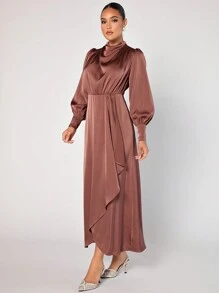 Modelyn Vestido Largo De Manga De Linterna De Mujer Con Cuello Envuelto Y Dobladillo De Volantes - Rosa - Ver 1