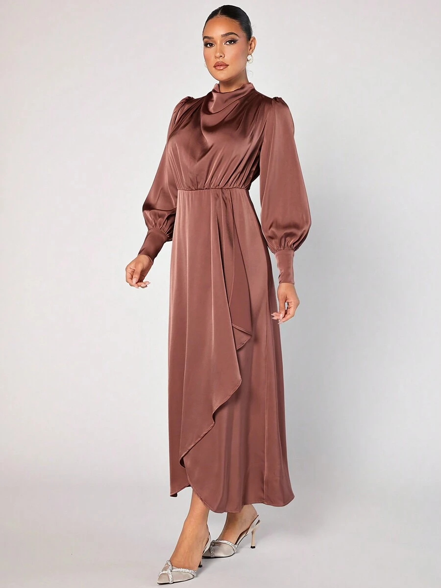 Modelyn Của phụ nữ Tay áo lồng đèn Bọc cổ áo xếp nếp Dài Đầm Với Viền Flounce - Hồng - Xem 1