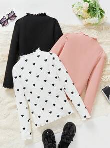 SHEIN Tween Girl 3pcs/Set Knit Stand Collar Heart Pattern Casual T-Shirt