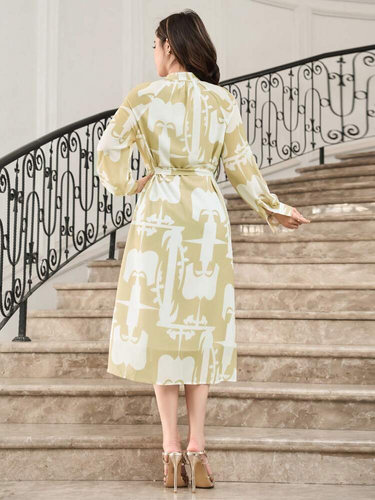 Long Sleeve All-Over Printed Belted Shirt Dress,Fall Clothes Vacation Outfits Women Maxi Dress