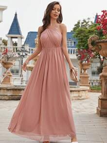 Spaghetti Strap Ruffled Back Chiffon Bridesmaid Dress - Dusty Pink - View 6