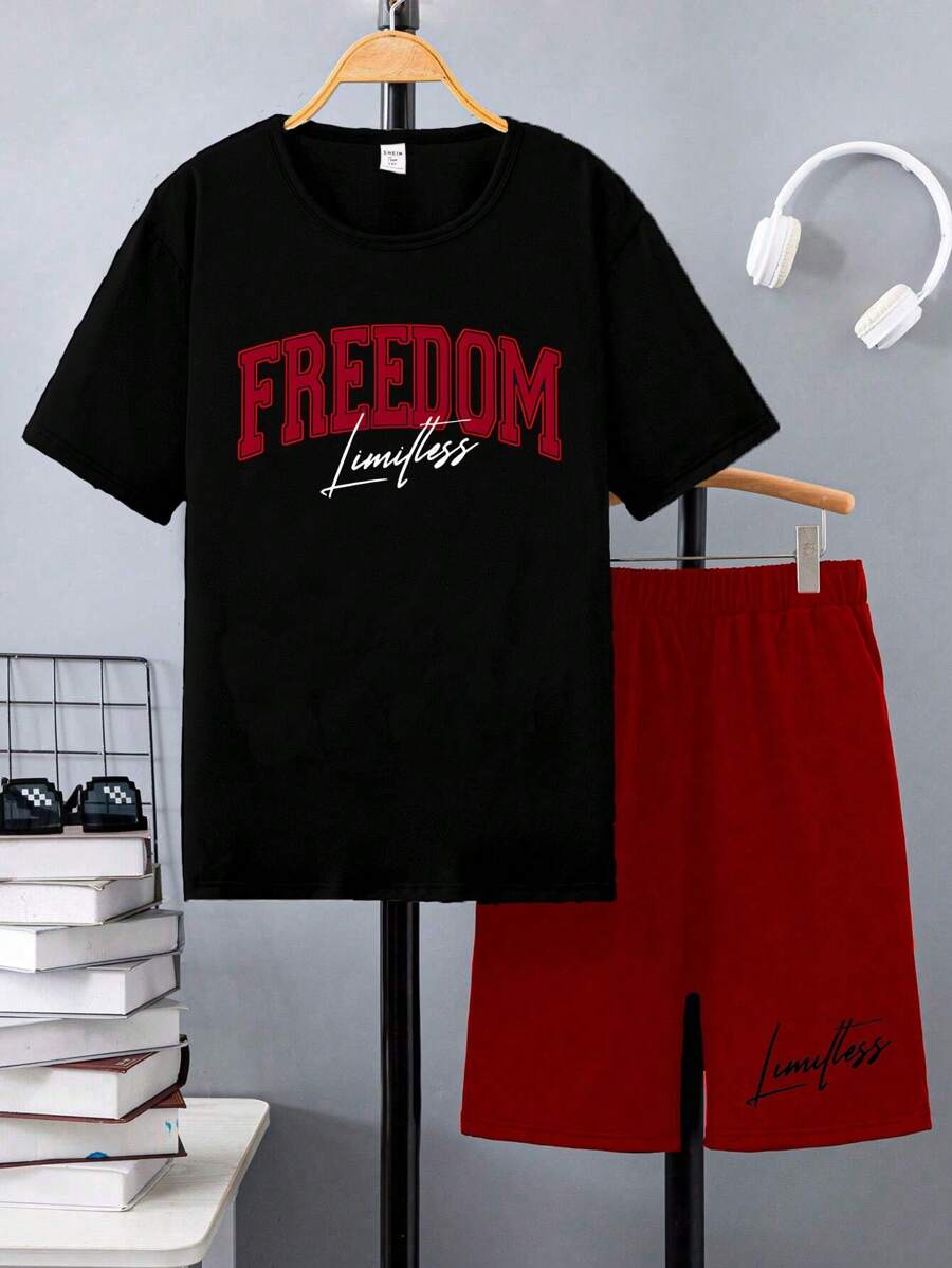 SHEIN 青少年男孩字母印花短袖t恤和短褲套裝 - 黑色 - 查看 1