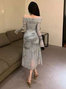 DAZY Ink Painting Print Off Shoulder Dress, Birthday ,New Year Eve Prom Dress Elegant,Fall Clothes