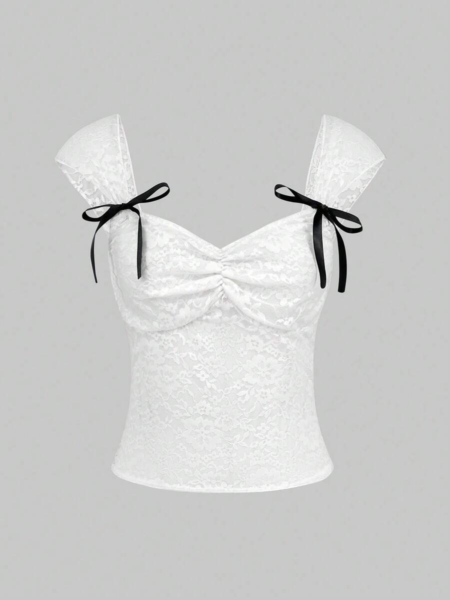 Sweetra Lace Camisole Top With Bow Decoration For Holiday Party Clothes - White - View 1
