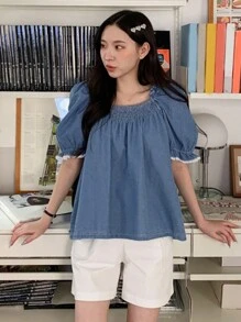 DAZY Áo chui đầu phong cách áo sơ mi denim nữ có tay bồng ngắn, bèo nhún - Màu xanh lam - Xem 9