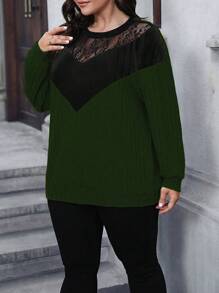 Calvaya Plus Size Women's Lace Spliced Ribbed Sweatshirt Pullover Fall Winter Autumn - Green - View 3
