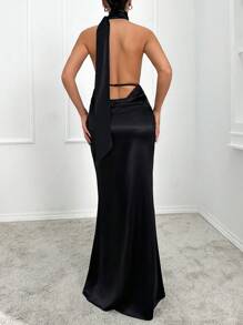 EURMUSE Fluttering Ribbon Deep V-Neck Satin Backless Mermaid Style Dress - Black - View 3
