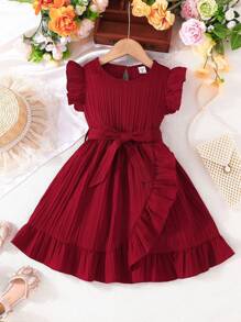 SHEIN Young Girl Comfortable Casual Ruffle Hem Dress With Belt And Accessories For Summer Summer Holiday
