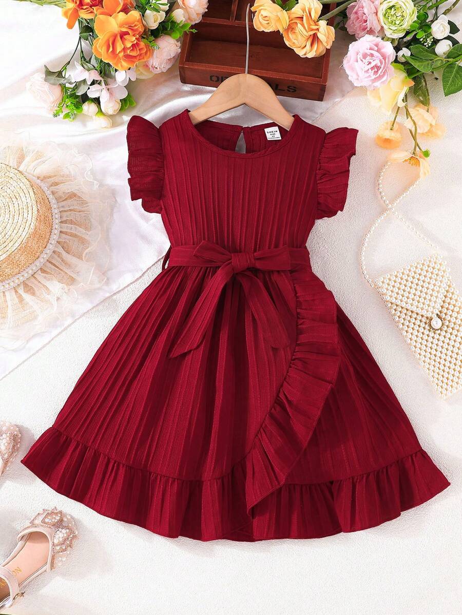 SHEIN Young Girl Comfortable Casual Ruffle Hem Dress With Belt And Accessories For Summer Summer Holiday