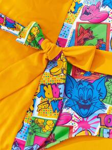 TOM & JERRY X SHEIN Plus Contrast Cartoon Print Halter One-Piece Swimsuit, Summer - Yellow - View 4