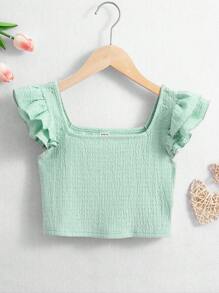 SHEIN Camiseta Feminina Tween De Cor Sólida Com Gola Quadrada E Manga Curta Com Babados Nas Férias - Menta verde - Ver 1